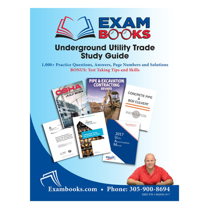 Cover of Underground Utility Trade Study Guide with reference manuals, practice questions, answers, and a man in red shirt