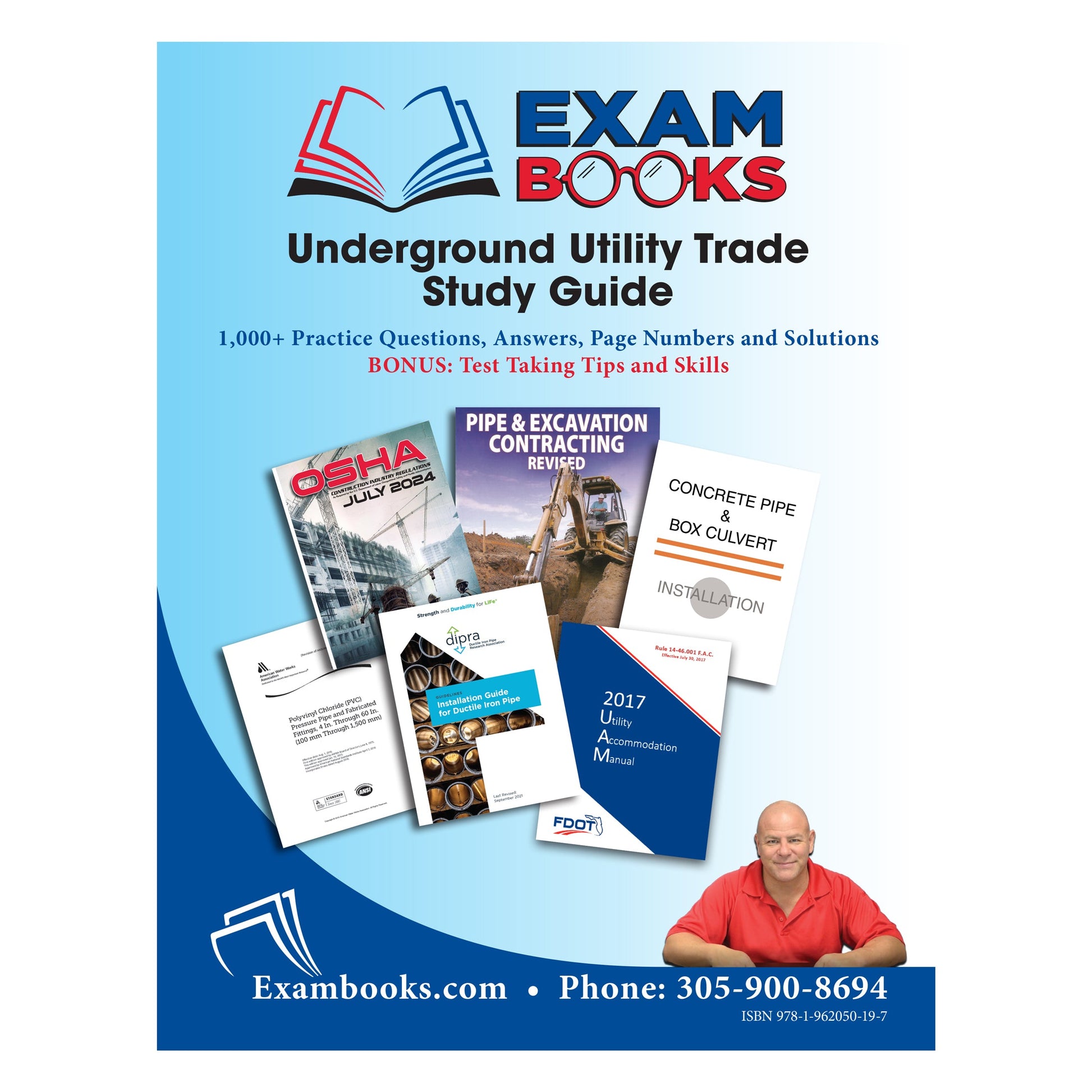 Cover of Underground Utility Trade Study Guide with reference manuals, practice questions, answers, and a man in red shirt