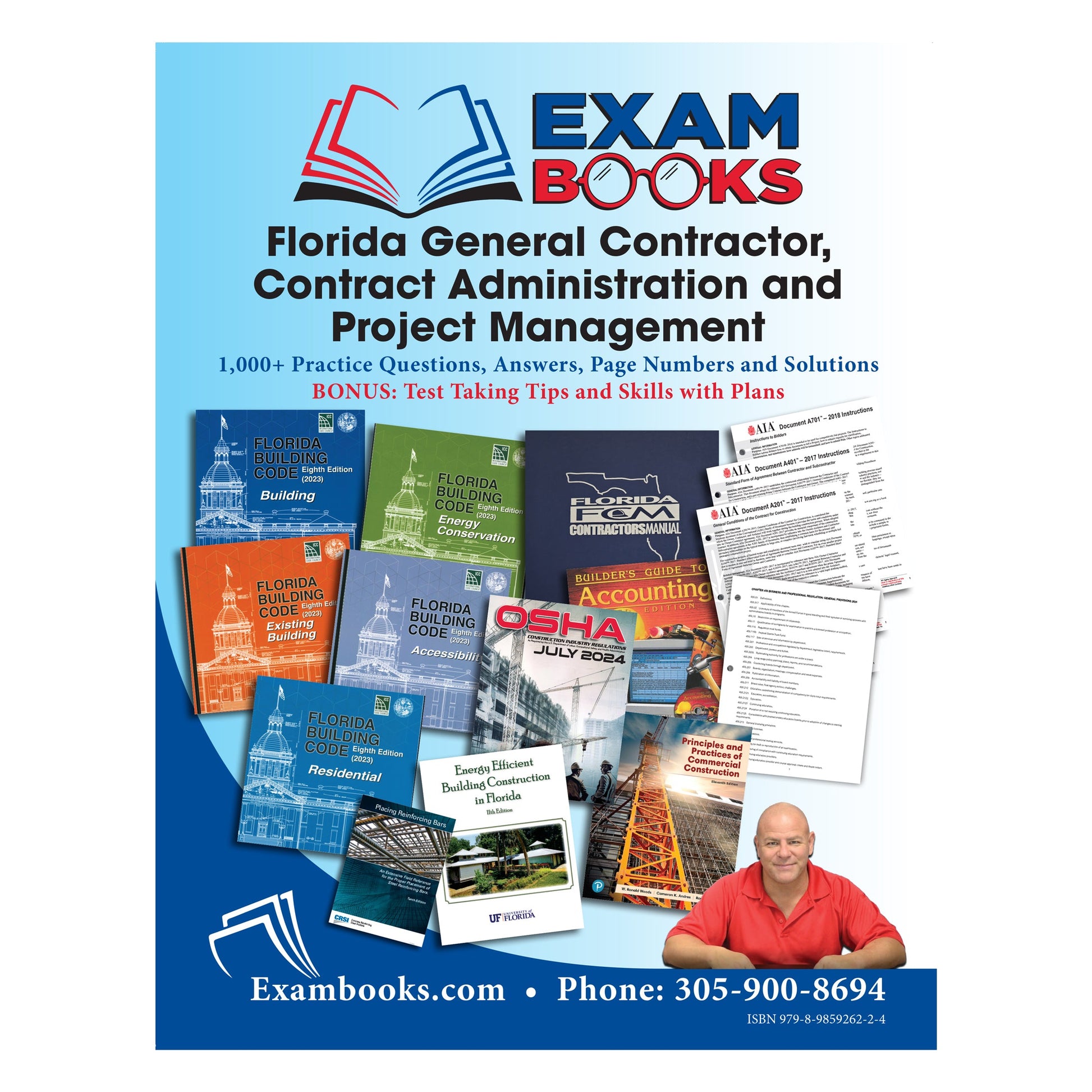 Cover of Florida General Contractor Contract Admin and Project Management Study Guide with reference books and practice exam pages on blue background