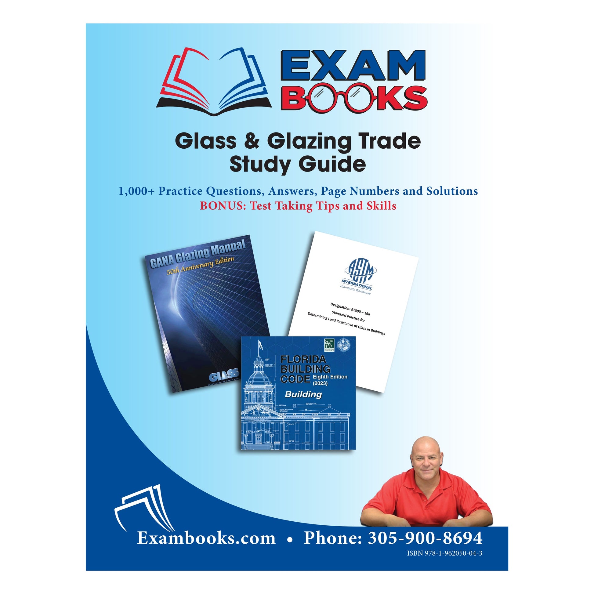 Cover of Glass & Glazing Trade Study Guide featuring industry manuals and a smiling instructor on a blue background