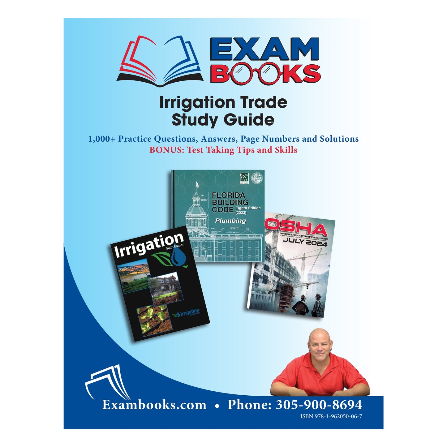 Cover of Irrigation Trade Study Guide with practice questions, answers, reference books, and man in red shirt on blue background