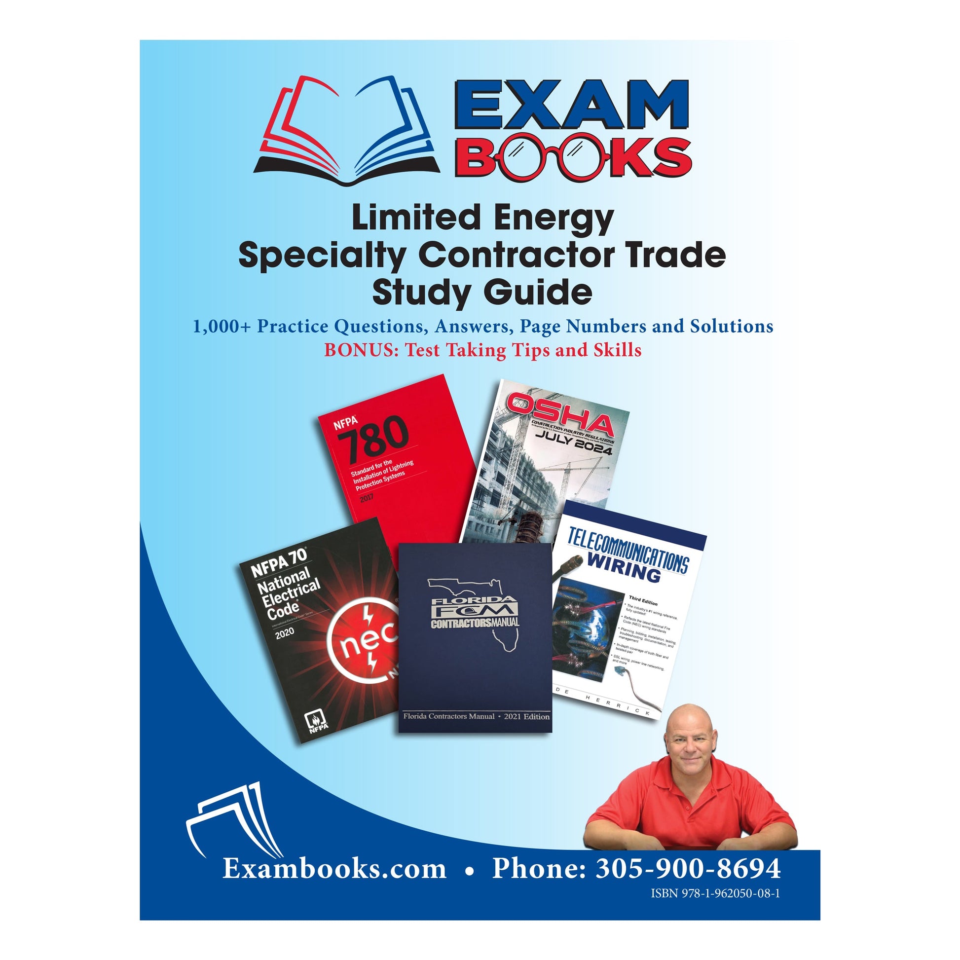 Front cover of Limited Energy Study Guide with multiple reference books and a man in red shirt on blue background