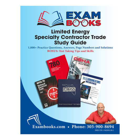 Front cover of Limited Energy Study Guide with multiple reference books and a man in red shirt on blue background