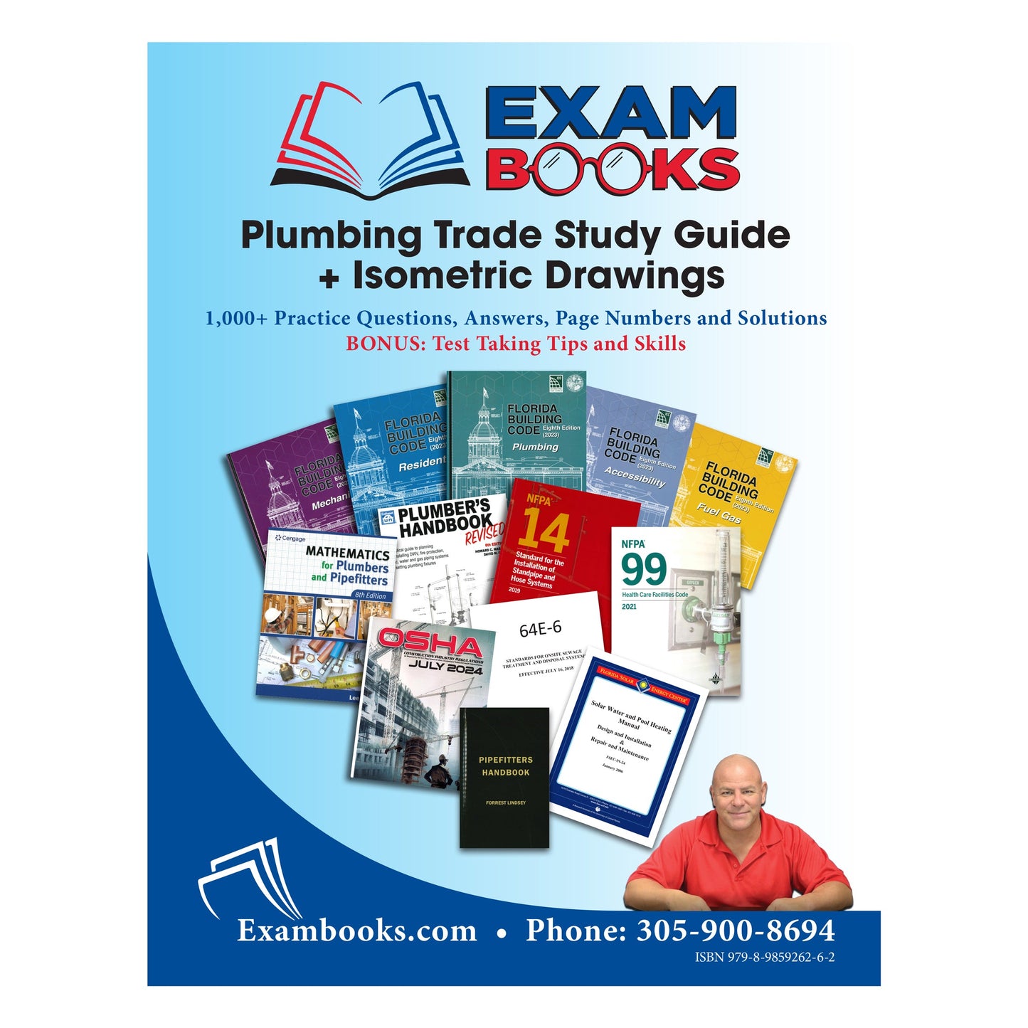 Cover of Plumbing Trade Study Guide with reference books, isometric drawings, and a man in red shirt on blue background