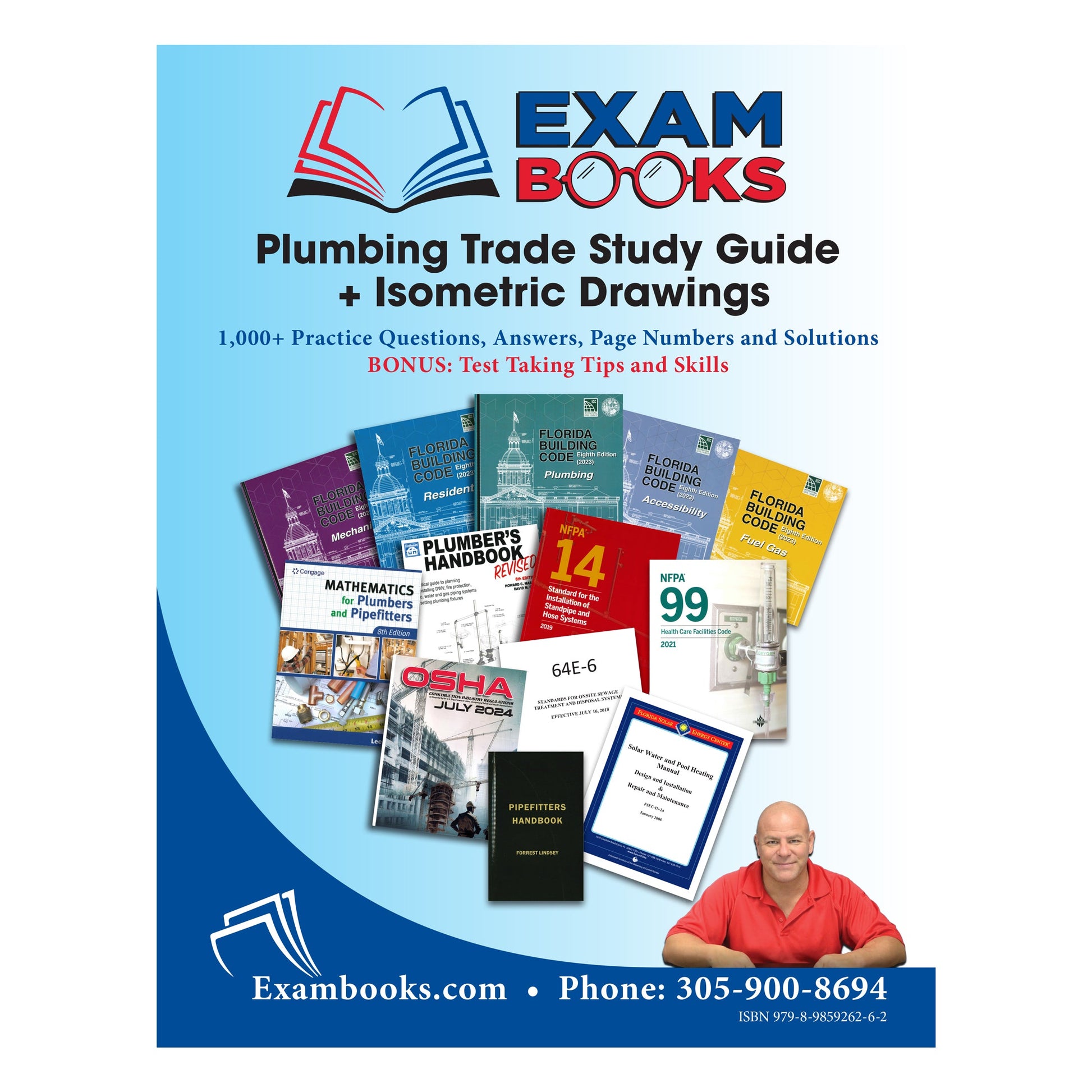 Cover of Plumbing Trade Study Guide with reference books, isometric drawings, and a man in red shirt on blue background