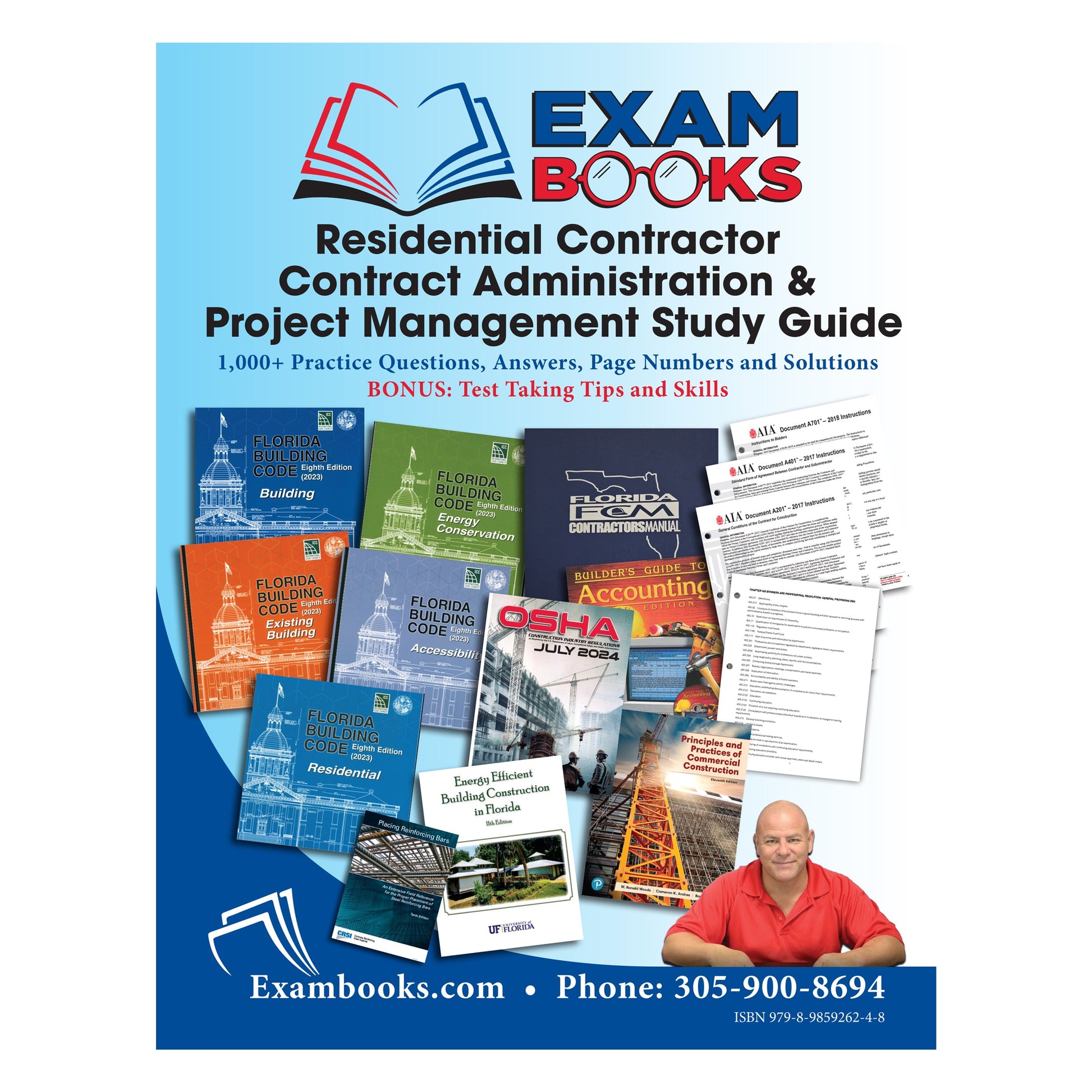 Cover of Residential Contractor Contract Admin and Project Management Study Guide with reference books, practice questions, and exam tips