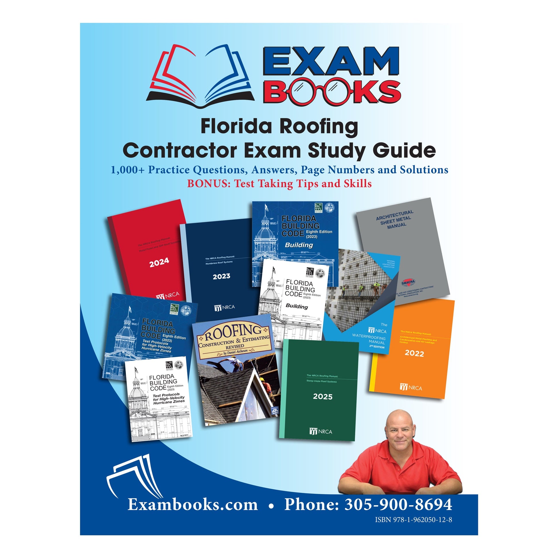 Cover of Florida Roofing Contractor Exam Study Guide with multiple reference books and a man in red shirt on blue background
