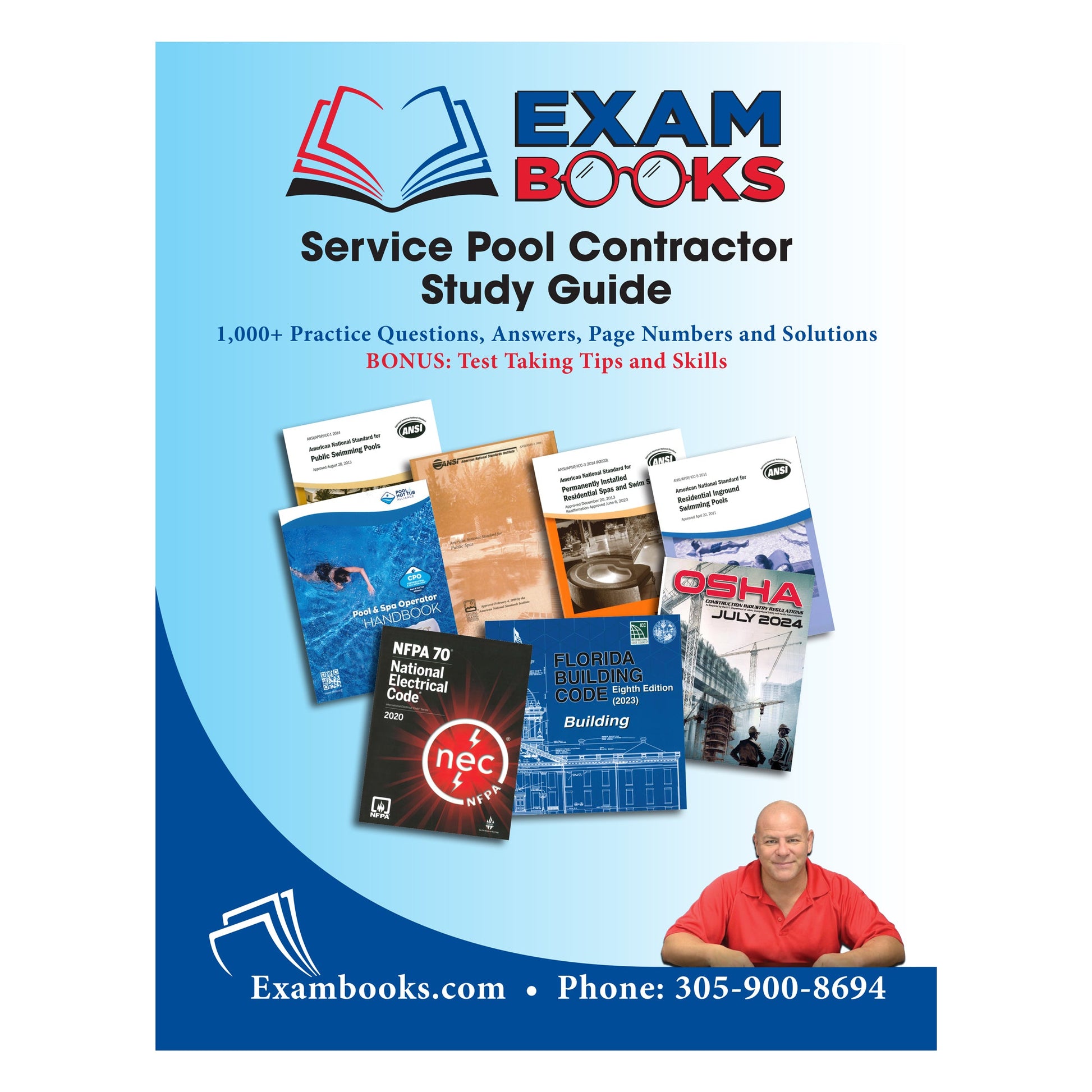 Service Pool Contractor Study Guide cover featuring reference manuals, practice questions, and a man in a red shirt