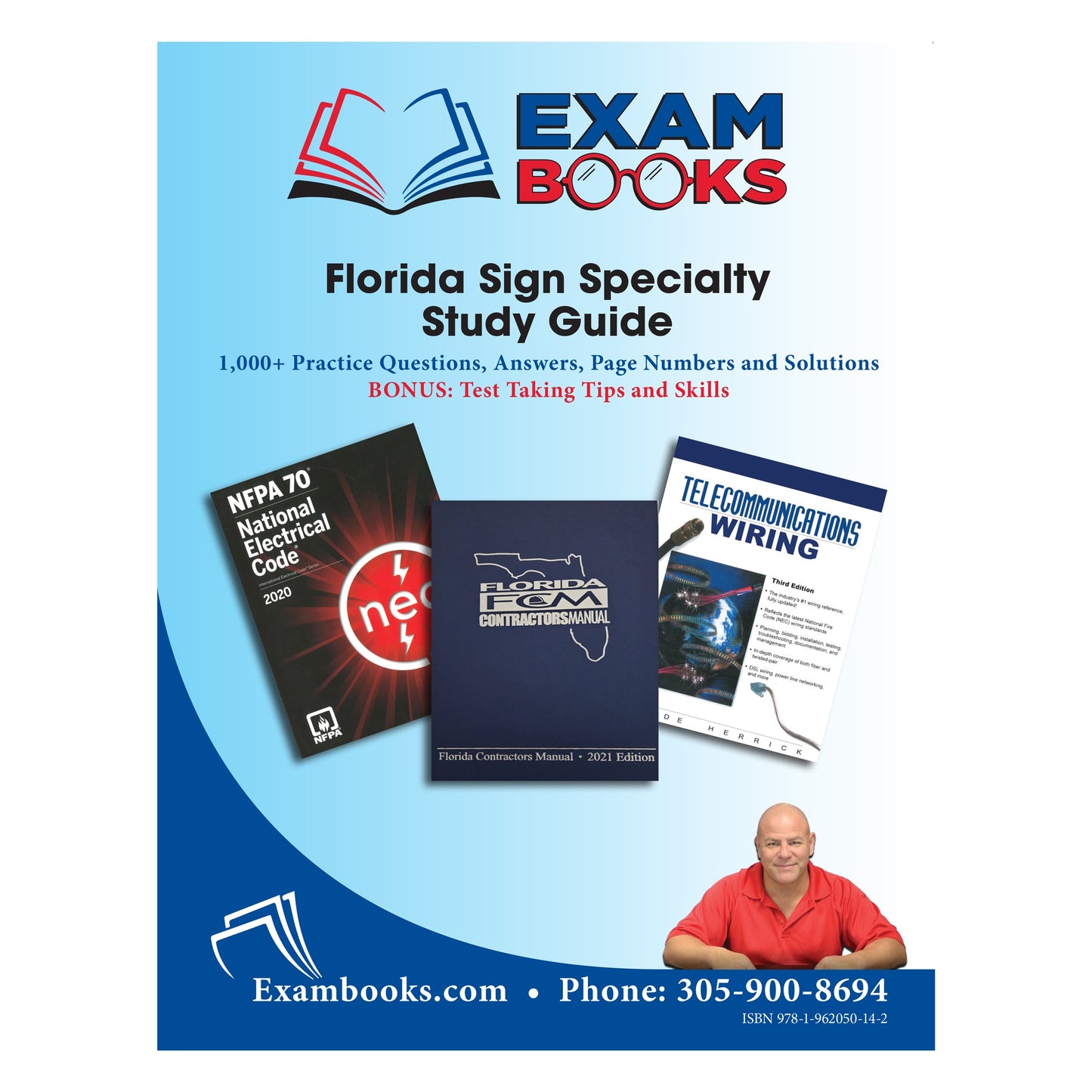 Cover of Florida Sign Specialty Study Guide with reference books, practice questions, answers, and a man in red shirt on blue background