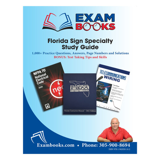Cover of Florida Sign Specialty Study Guide with reference books, practice questions, answers, and a man in red shirt on blue background