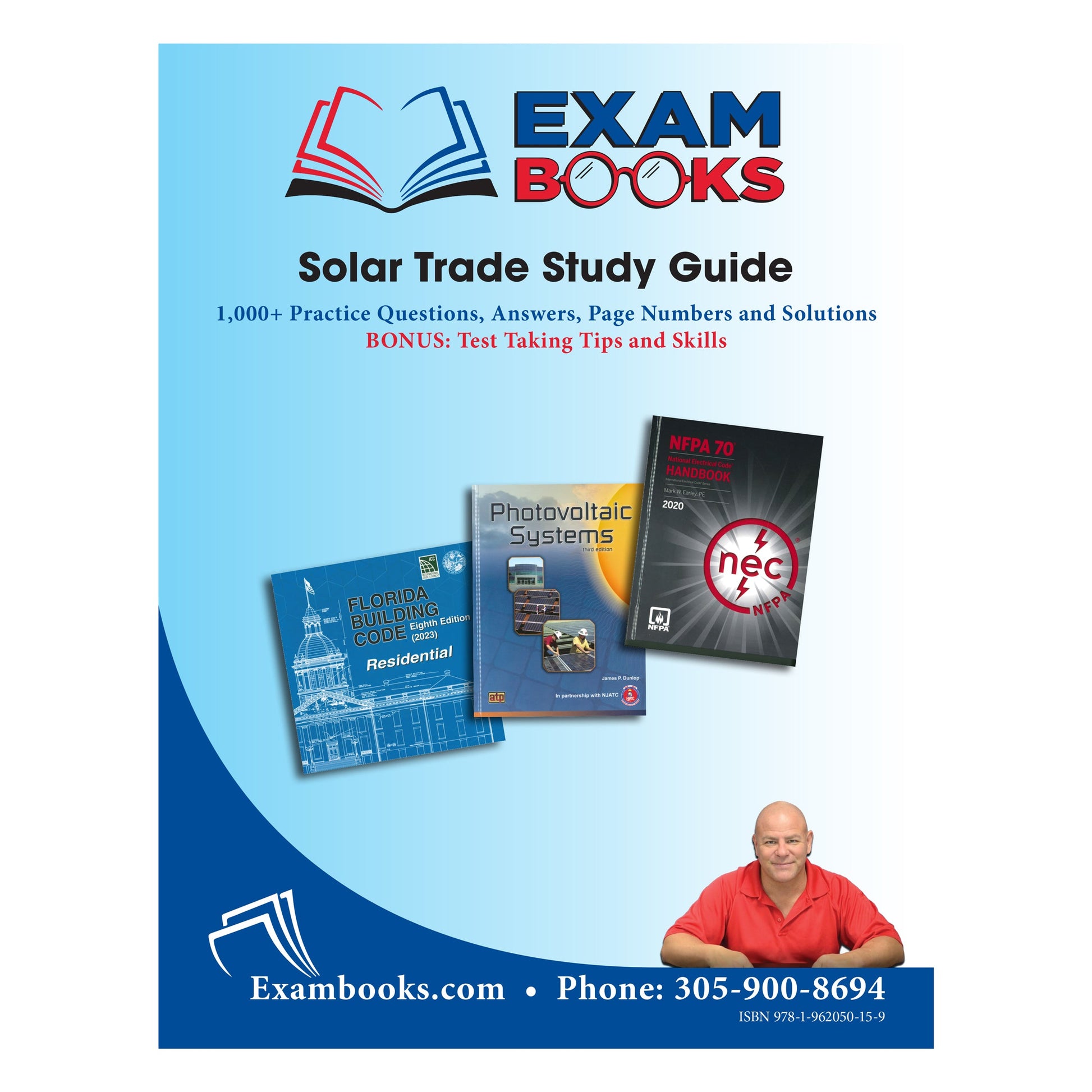 Cover of Solar Trade Study Guide featuring multiple reference books and a man in red shirt on blue gradient background