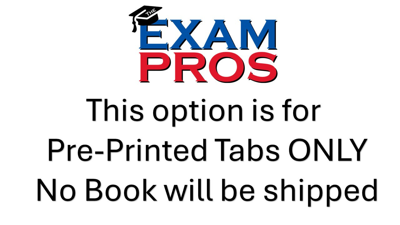 Exam Pros logo above text stating option is for pre-printed tabs only with no physical book shipped