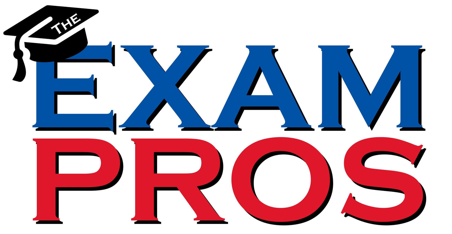 The Exam Pros logo with blue uppercase letters, black graduation cap on the E, and red text below on white background