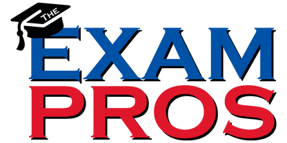 Blue and red bold text logo reading "The Exam Pros" on transparent background
