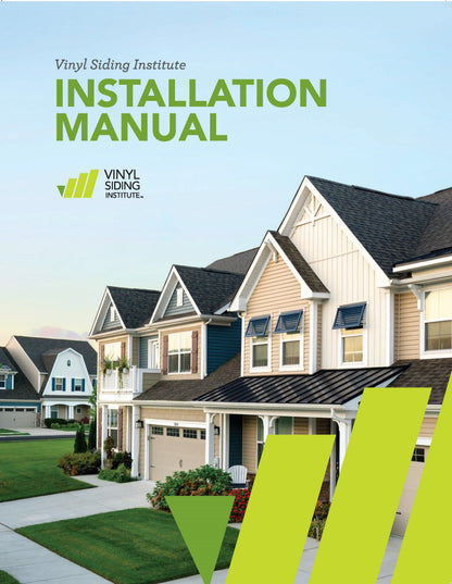 Cover of Vinyl Siding Institute Installation Manual featuring row of modern homes with vinyl siding under clear blue sky