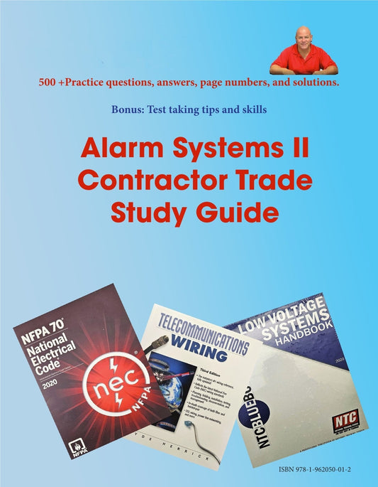 Front cover of Alarm Systems II Contractor Trade Study Guide with practice questions and reference books on blue background