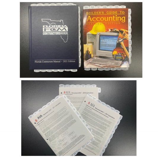 Two contractor reference manuals with visible tabbed dividers including Florida Contractors Manual 2021 and Builders Guide to Accounting