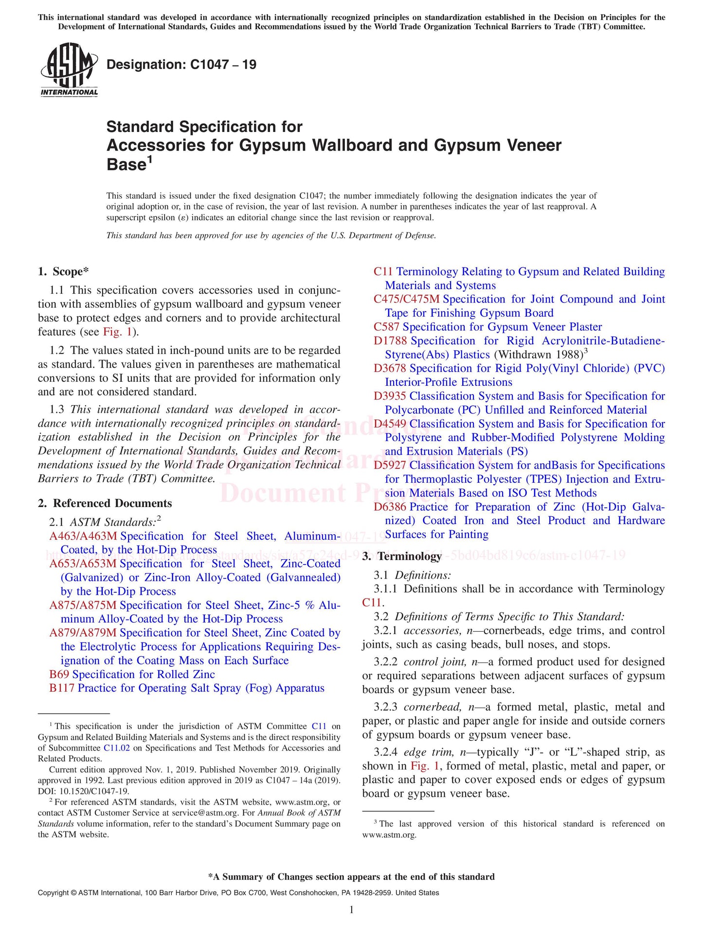 ASTM C1047-19 Standard Specification for Accessories for Gypsum Wallboard and Gypsum Veneer Base, 2019