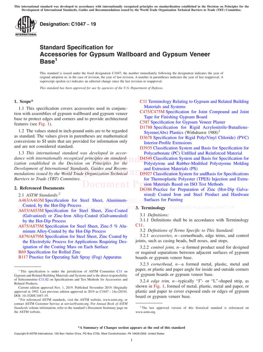 ASTM C1047-19 Standard Specification for Accessories for Gypsum Wallboard and Gypsum Veneer Base, 2019