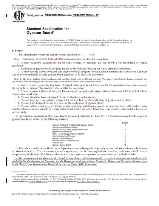 ASTM C1396-17 Standard Specification for Gypsum Board, 2017 with January 2022 update