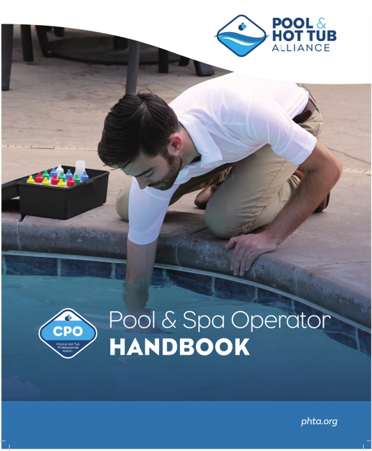 Man testing pool water with chemical test kit for Certified Pool & Spa Operator Handbook cover design