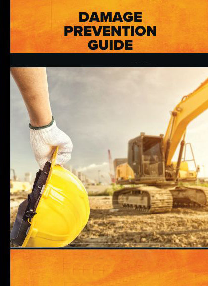 Cover of Damage Prevention Guide October 2020 showing a worker holding yellow hard hat with excavator in background