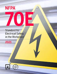 Cover of NFPA 70E 2021 edition showing electrical safety standard with high voltage warning symbol on gray background