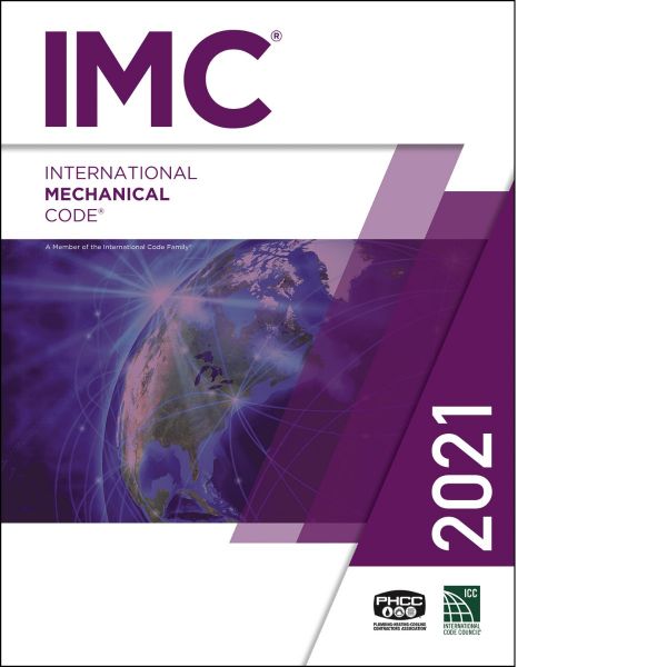 Cover of the 2021 International Mechanical Code book featuring a globe with purple and white design elements by ICC