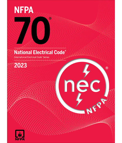 Cover of 2023 NFPA 70 National Electrical Code book with red background and white NEC lightning bolt logo