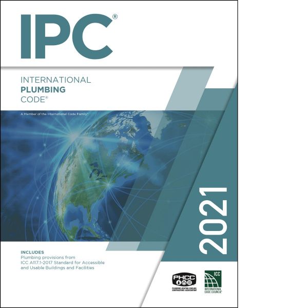 Cover of the 2021 International Plumbing Code book with a blue globe and teal geometric design elements