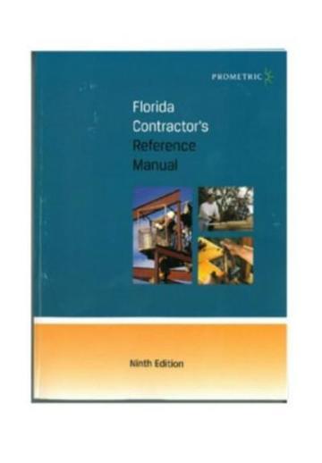 Blue and orange Prometric Florida Contractor’s Reference Manual ninth edition cover with construction-related images and text