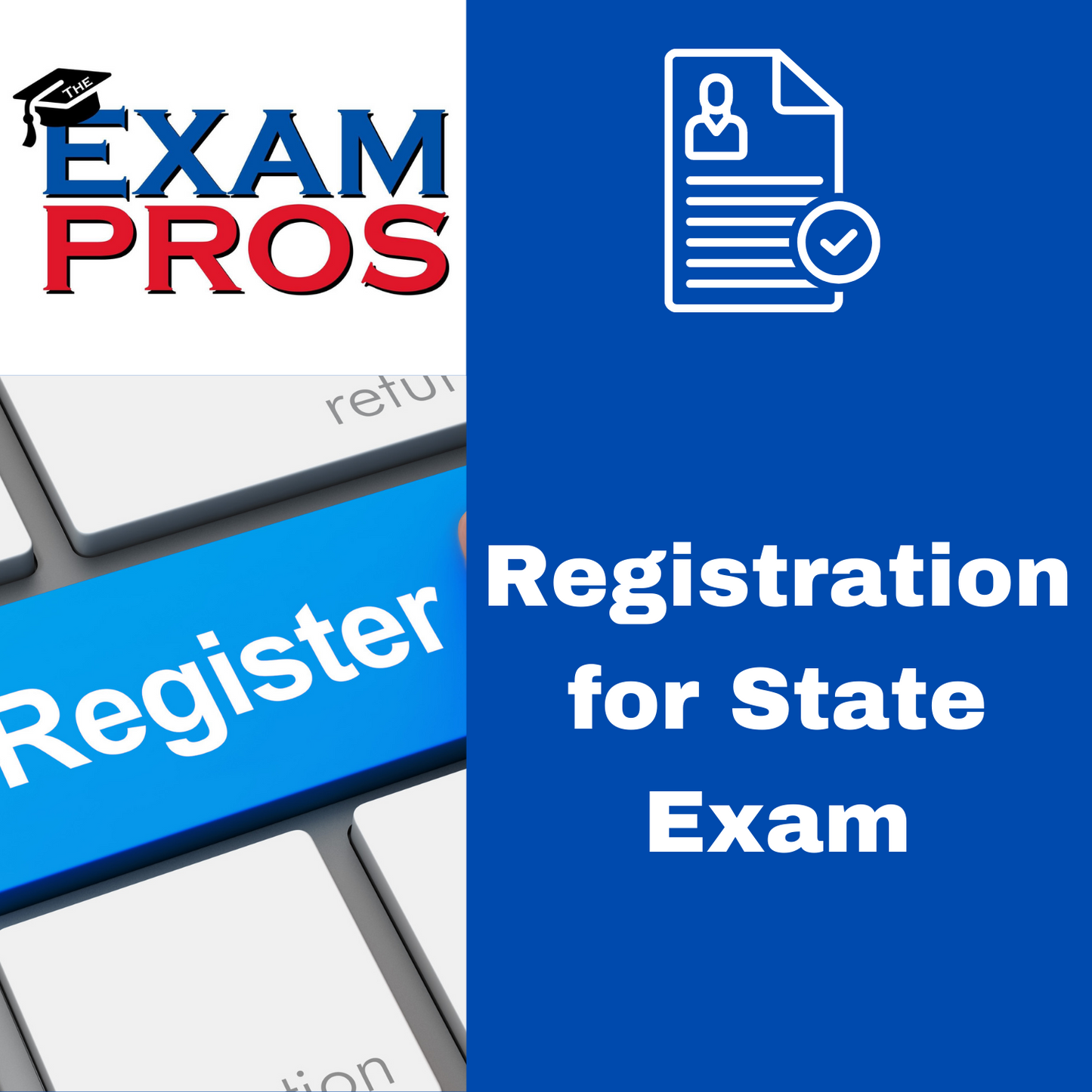 Blue register key on keyboard and text block reading Registration for State Exam with logo and icon