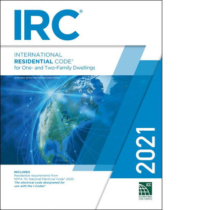 Cover of 2021 IRC International Residential Code for one- and two-family dwellings with a globe and blue design elements