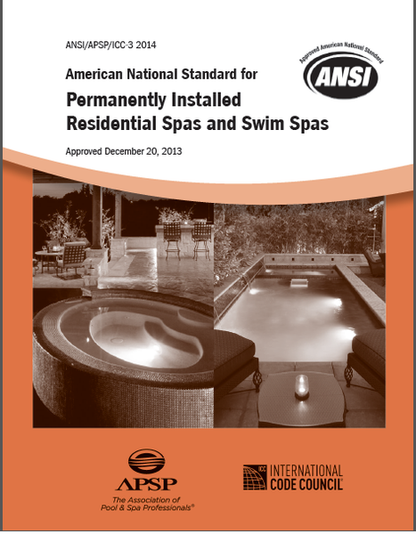 Cover of ANSI 2014 standard for design and installation of permanently installed residential spas and swim spas with logos.